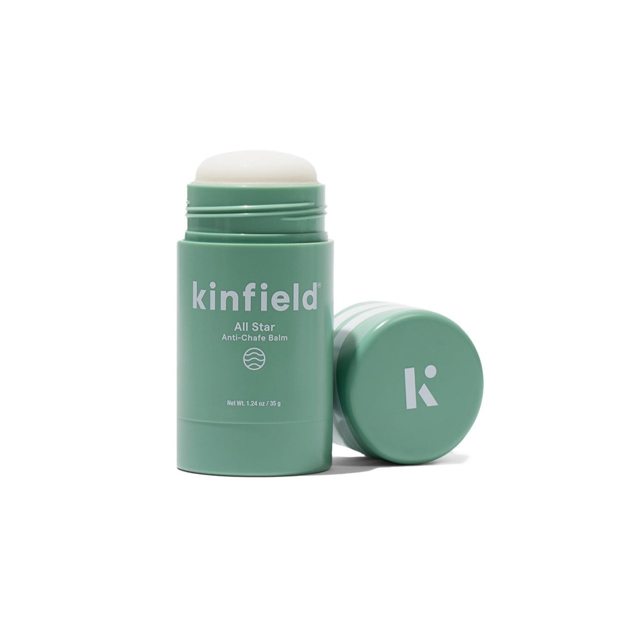 A green stick deodorant container with the Kinfield brand logo, labeled as 'All Star Anti-Chafe Balm', designed for personal care.