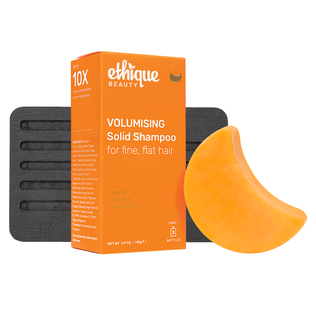 Ethique Beauty volumising solid shampoo packaging with a bar of shampoo.