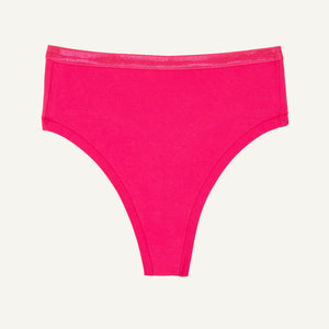 A high rise thong in aurora pink color.