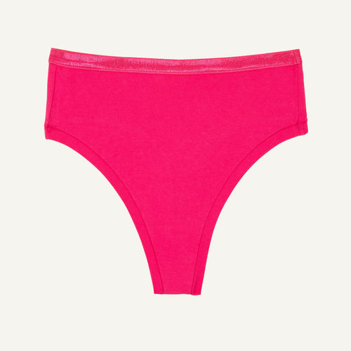 A high rise thong in aurora pink color.