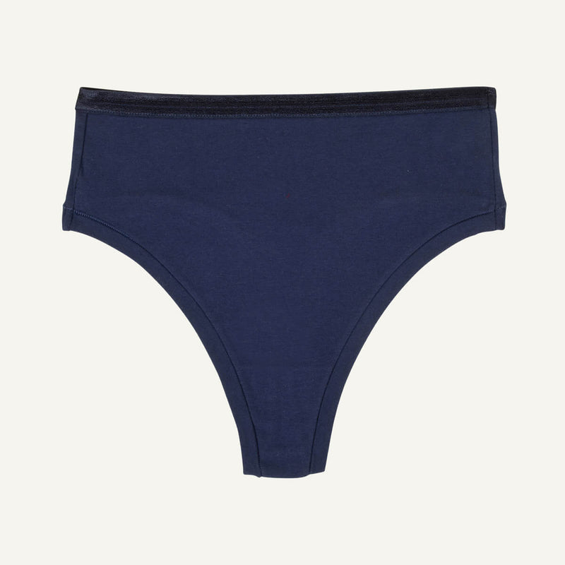 A high rise thong in marine blue color.