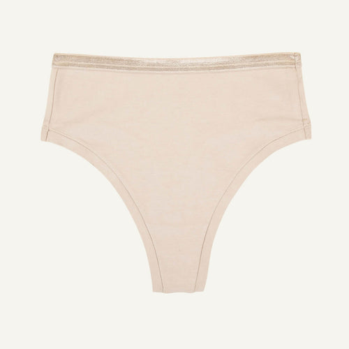A high rise thong in stone beige color.