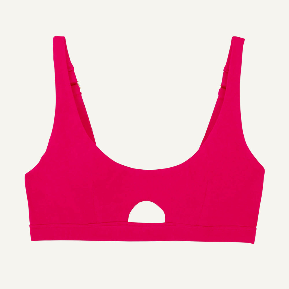 An organic cotton keyhole soft bra in aurora pink color.