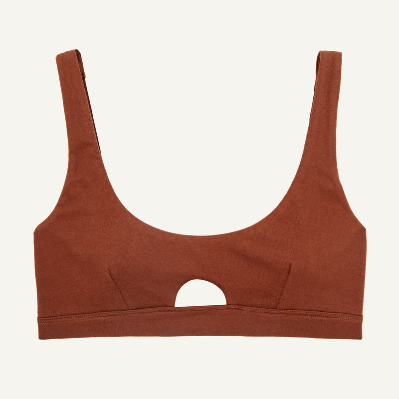 A spice brown organic cotton keyhole soft bra without underwires.