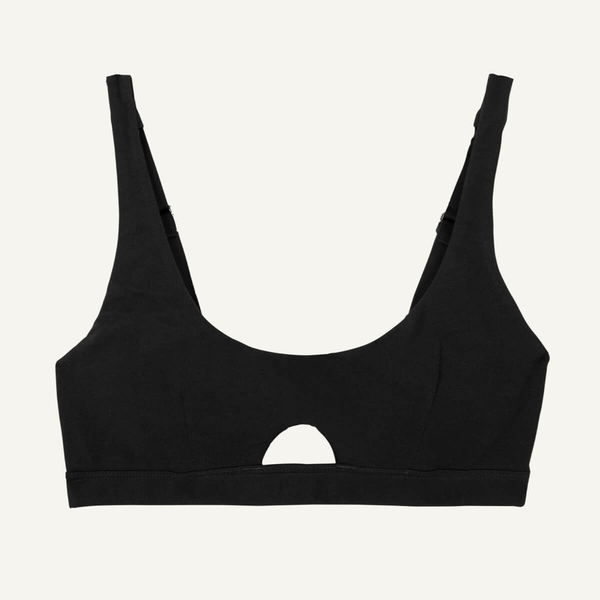 An organic cotton keyhole soft bra in carbon black color.