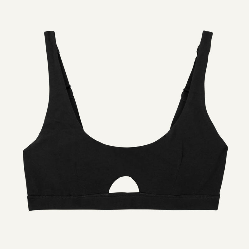 An organic cotton keyhole soft bra in carbon black color.