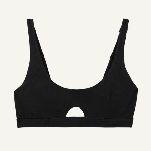 An organic cotton keyhole soft bra in carbon black color.