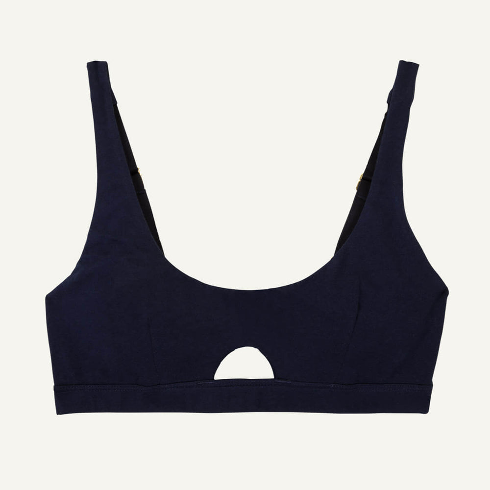 A keyhole soft bra in marine blue color.