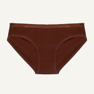 A low-rise organic cotton brief in cacao brown color, with a snug fit and minimal waistband.