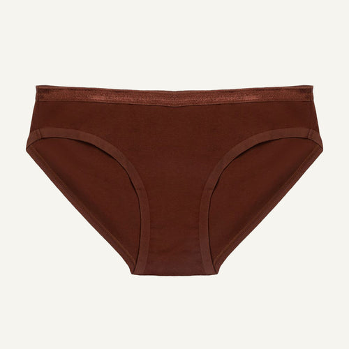 A low-rise organic cotton brief in cacao brown color, with a snug fit and minimal waistband.