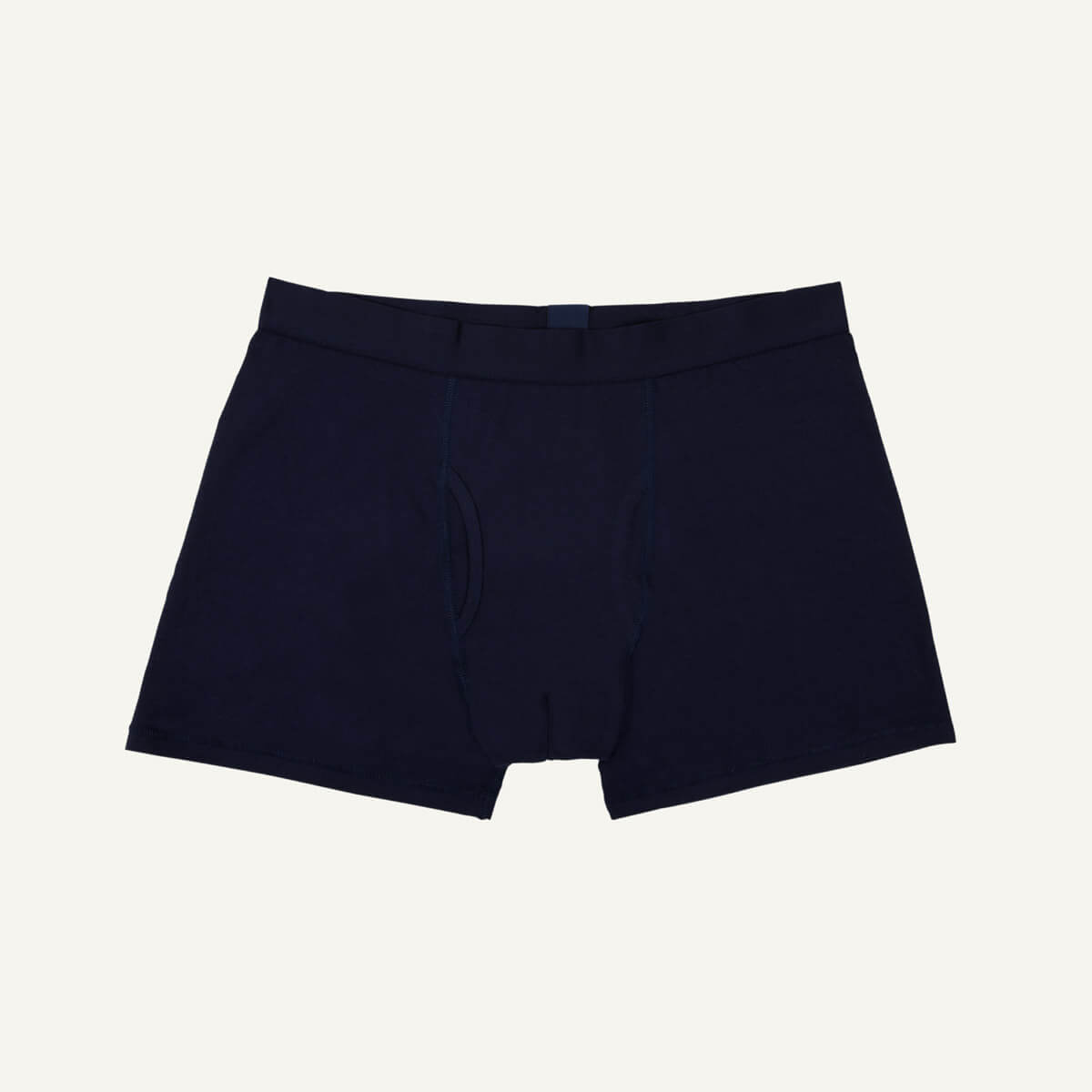 A pair of men's boxer briefs in marine blue color.