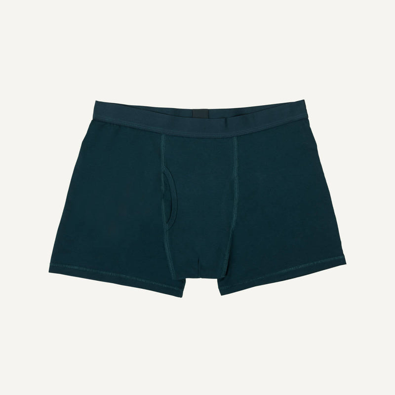 A pair of men's boxer briefs in meridian teal color.