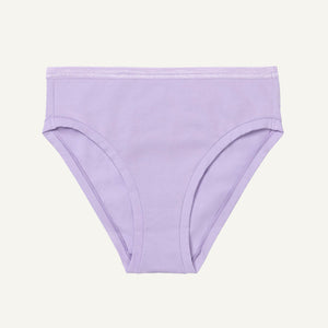 A mid-rise bikini brief in a petal light purple color with an elastic waistband.