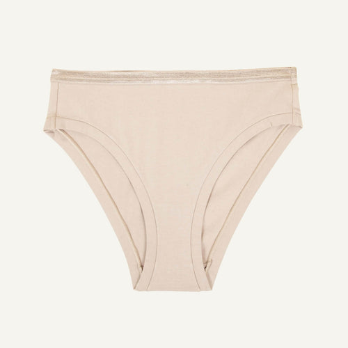 A mid-rise bikini in stone beige color.