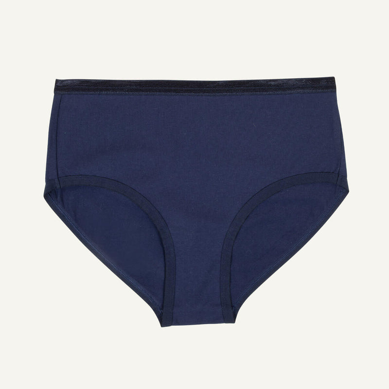 A mid-rise brief in marine blue color.