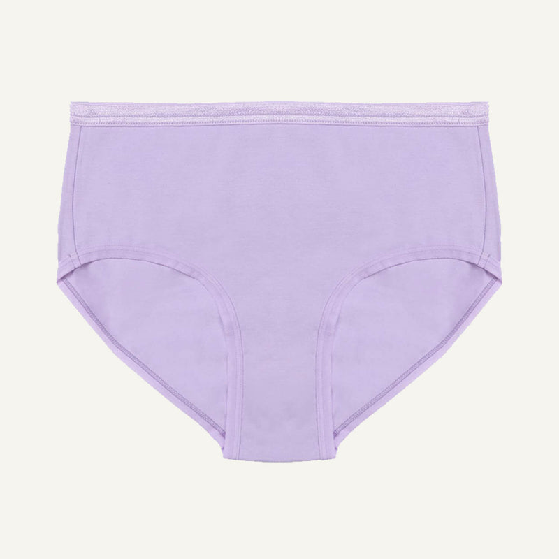 A mid-rise brief in a petal light purple color, made from organic cotton.