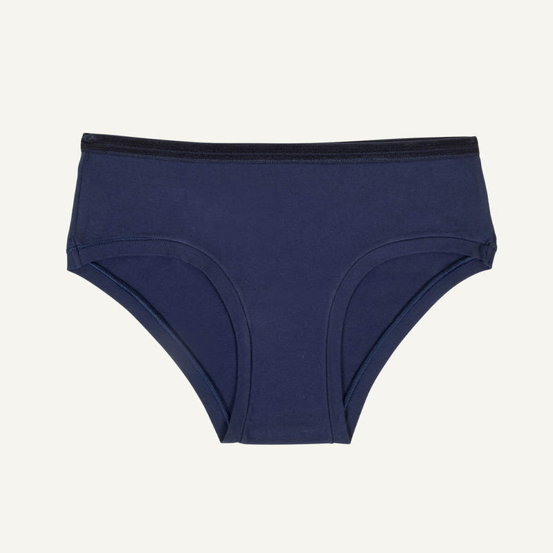 A pair of mid-rise retro hipster underwear in marine blue color.