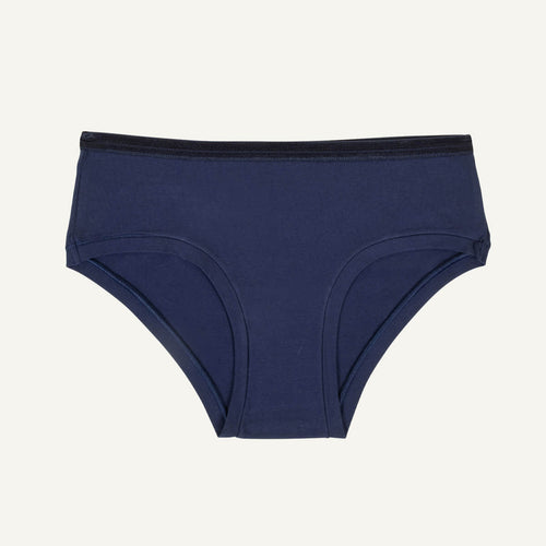 A pair of mid-rise retro hipster underwear in marine blue color.
