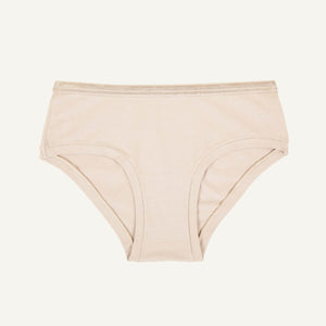 A pair of mid-rise retro hipster underwear in stone beige color.