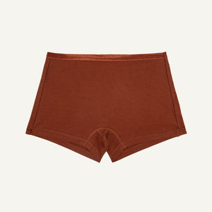 A cacao brown mid-rise boyshort style underwear made from organic cotton blend fabric.