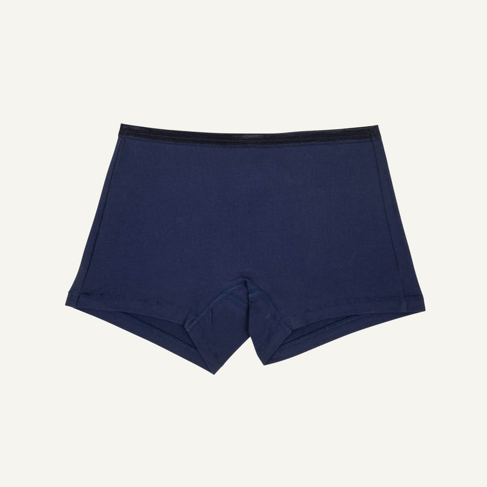 A pair of mid-rise shorties in marine blue color.