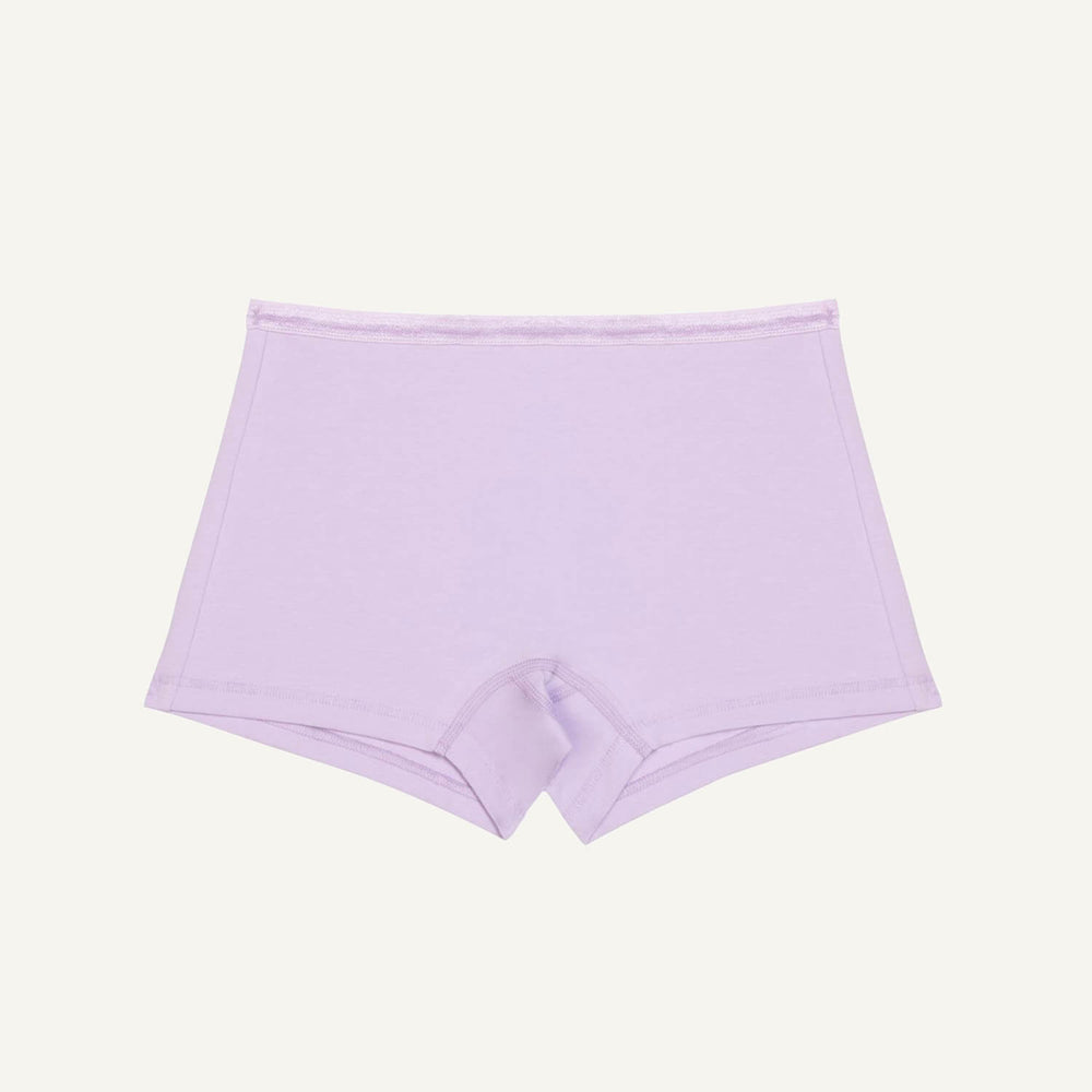 A pair of petal light purple mid-rise organic cotton shorties.