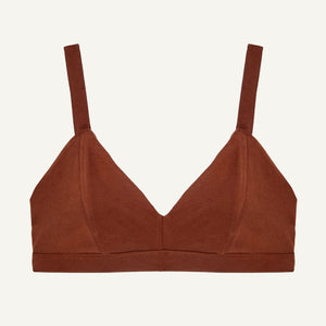 An organic cotton wireless bra in cacao brown color with adjustable straps 