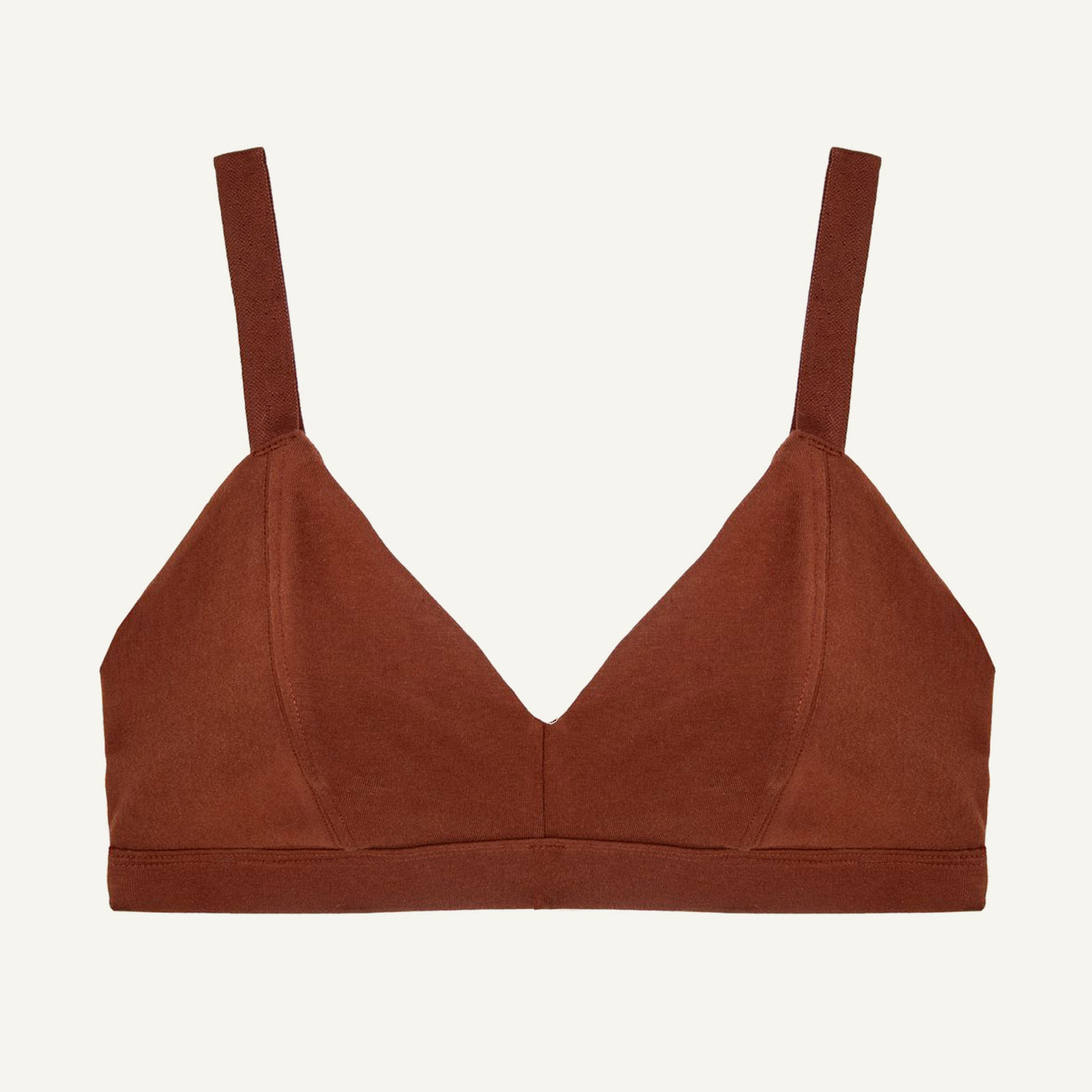 An organic cotton wireless bra in cacao brown color with adjustable straps 