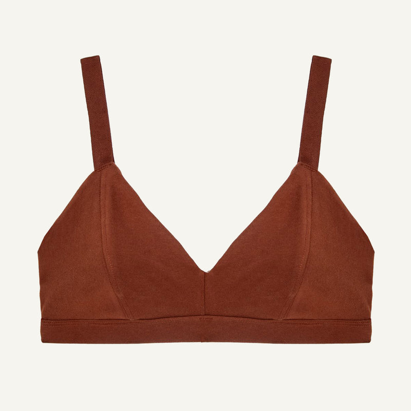 An organic cotton wireless bra in cacao brown color with adjustable straps 
