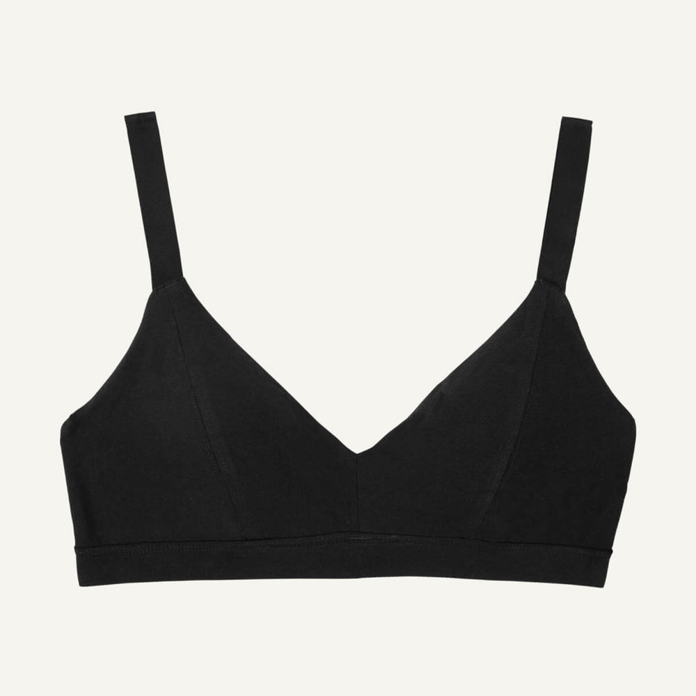 An organic cotton triangle soft bra in carbon black color.