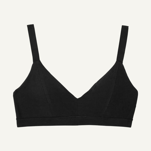 An organic cotton triangle soft bra in carbon black color.