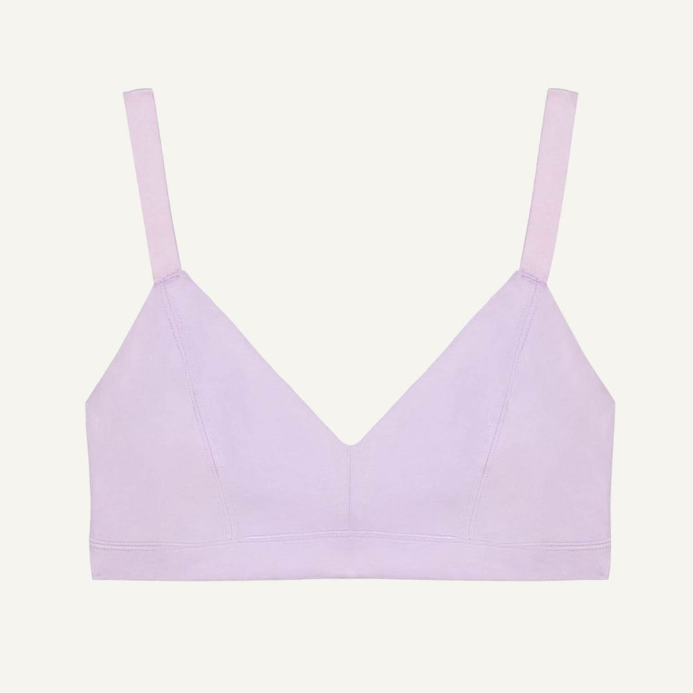 An organic cotton triangle soft bra in a petal light purple color, displayed against a white background.