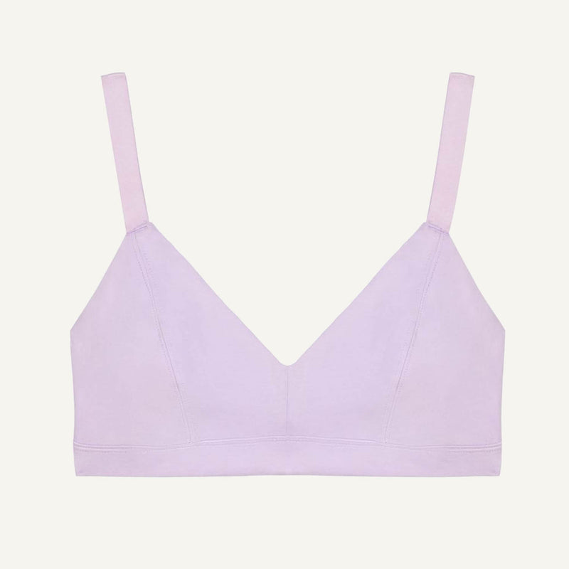 An organic cotton triangle soft bra in a petal light purple color, displayed against a white background.