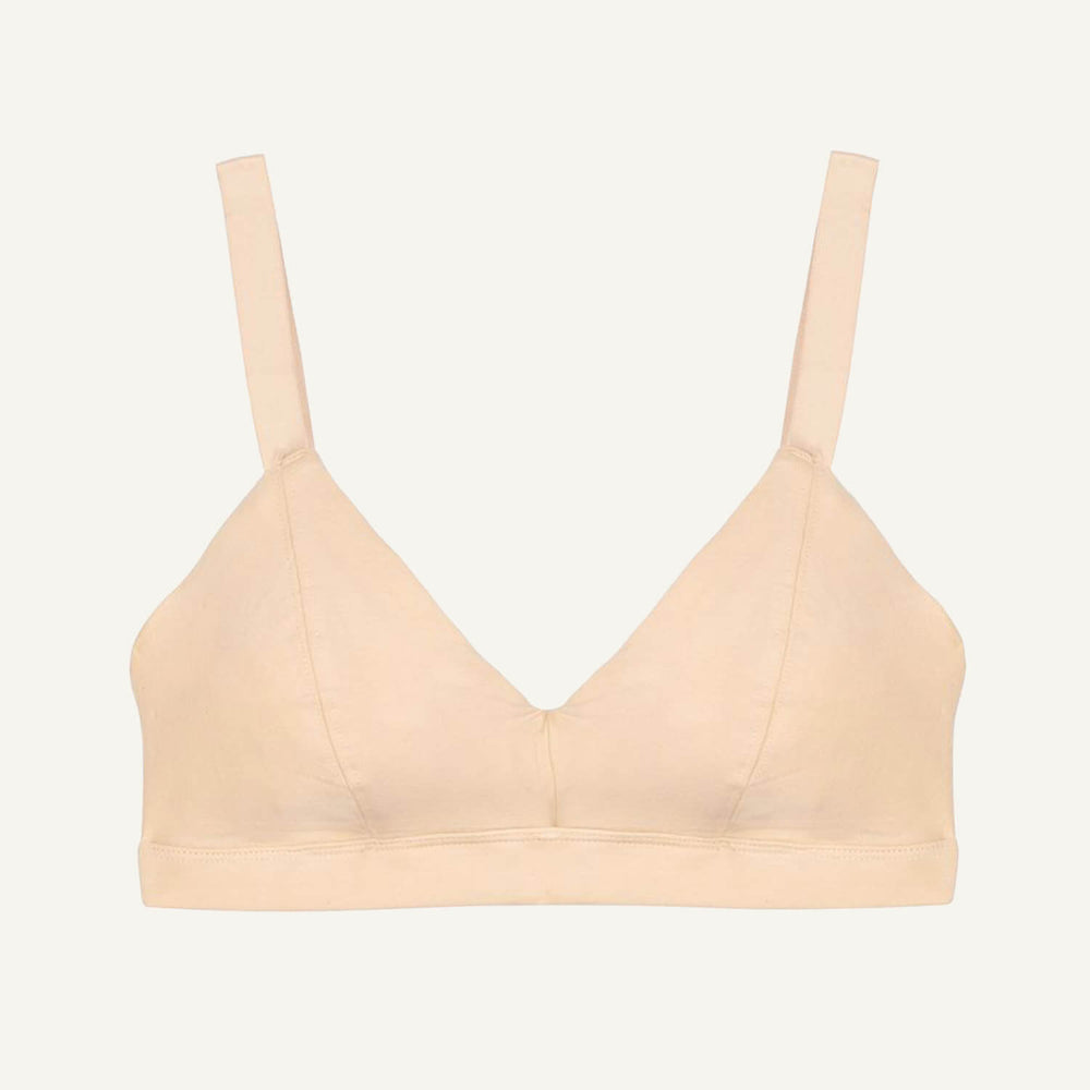 A wheat beige organic cotton triangle soft bra with adjustable straps