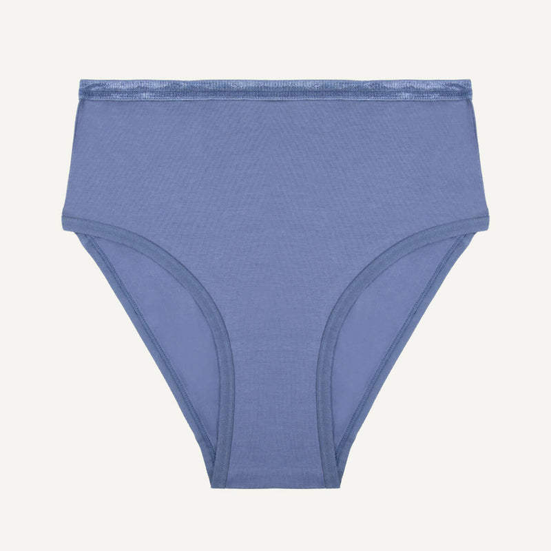 A high-waisted gale blue organic cotton brief.