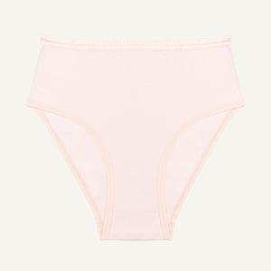 A high-waisted light pink quartz brief made from organic cotton.