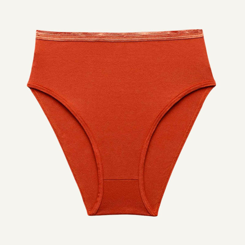 A pair of high-waisted briefs in a solid rust-orange color, displayed flat against a light off-white background.