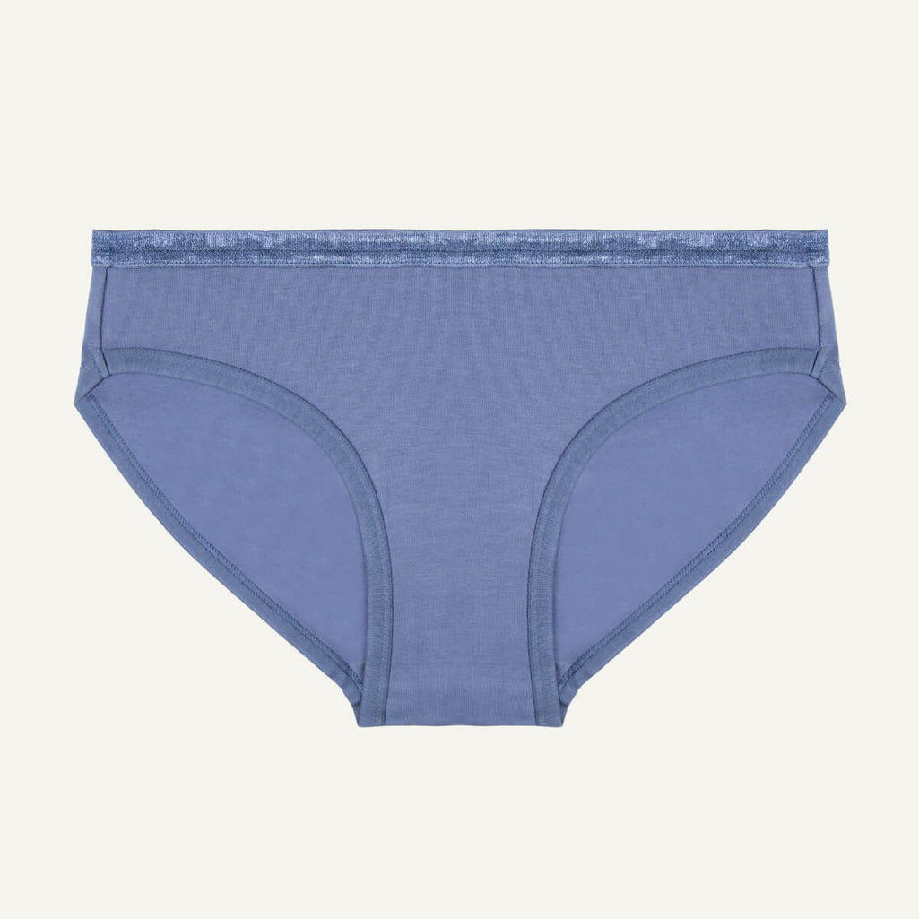 A low-rise organic cotton women's brief in a gale blue color.