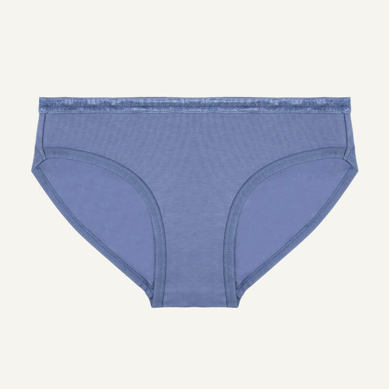 A low-rise organic cotton women's brief in a gale blue color.