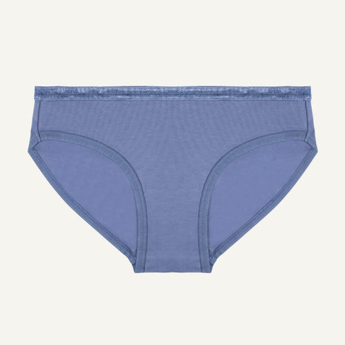 A low-rise organic cotton women's brief in a gale blue color.