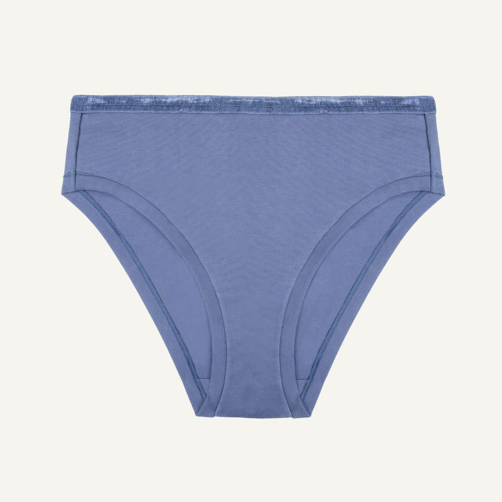 A mid-rise bikini brief in gale blue color.