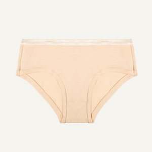A wheat beige organic cotton mid-rise hipster underwear.