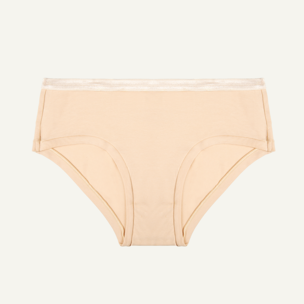 A wheat beige organic cotton mid-rise hipster underwear.