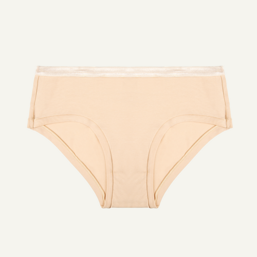 A wheat beige organic cotton mid-rise hipster underwear.
