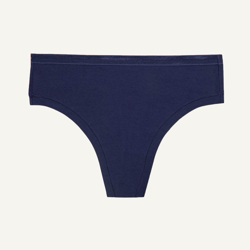 A marine navy-colored mid-rise thong underwear.