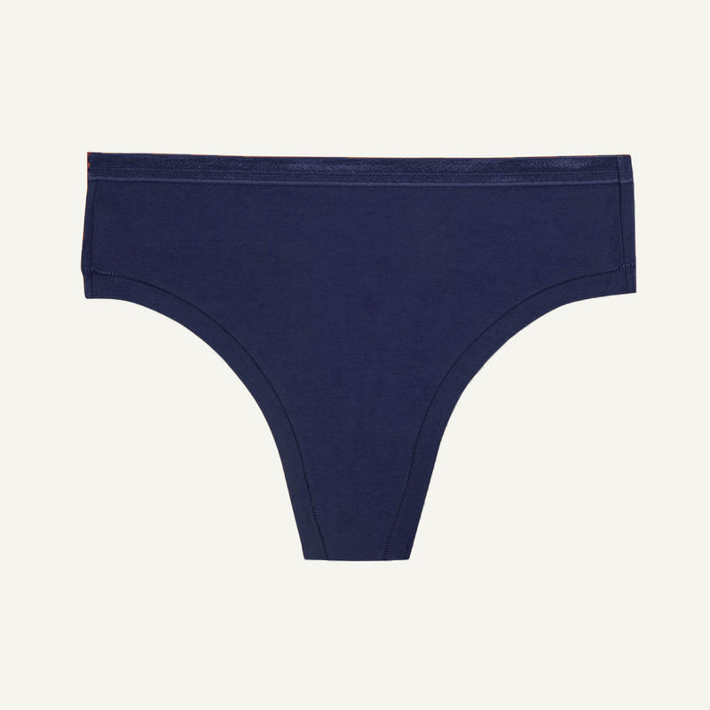 A marine navy-colored mid-rise thong underwear.
