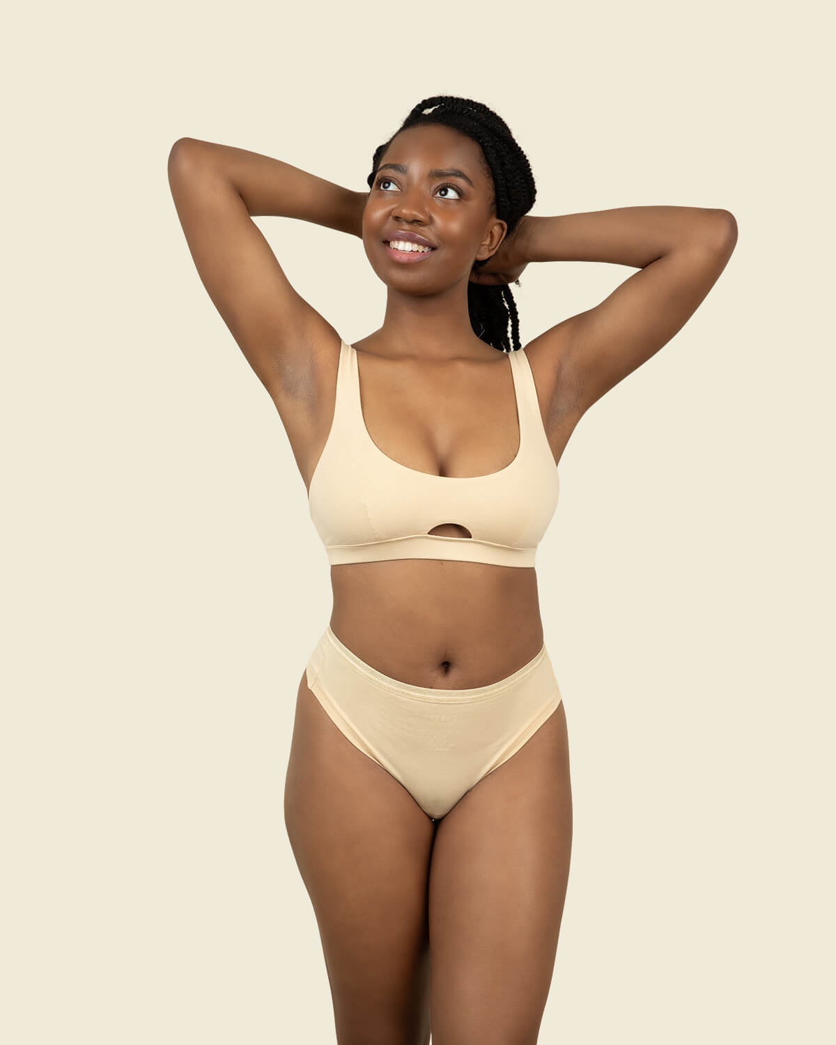 Organic cotton mid rise thong and new keyhole soft bra in wheat colors.