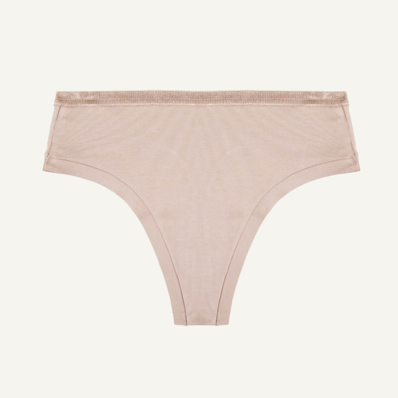 A mid-rise thong underwear in a stone color.