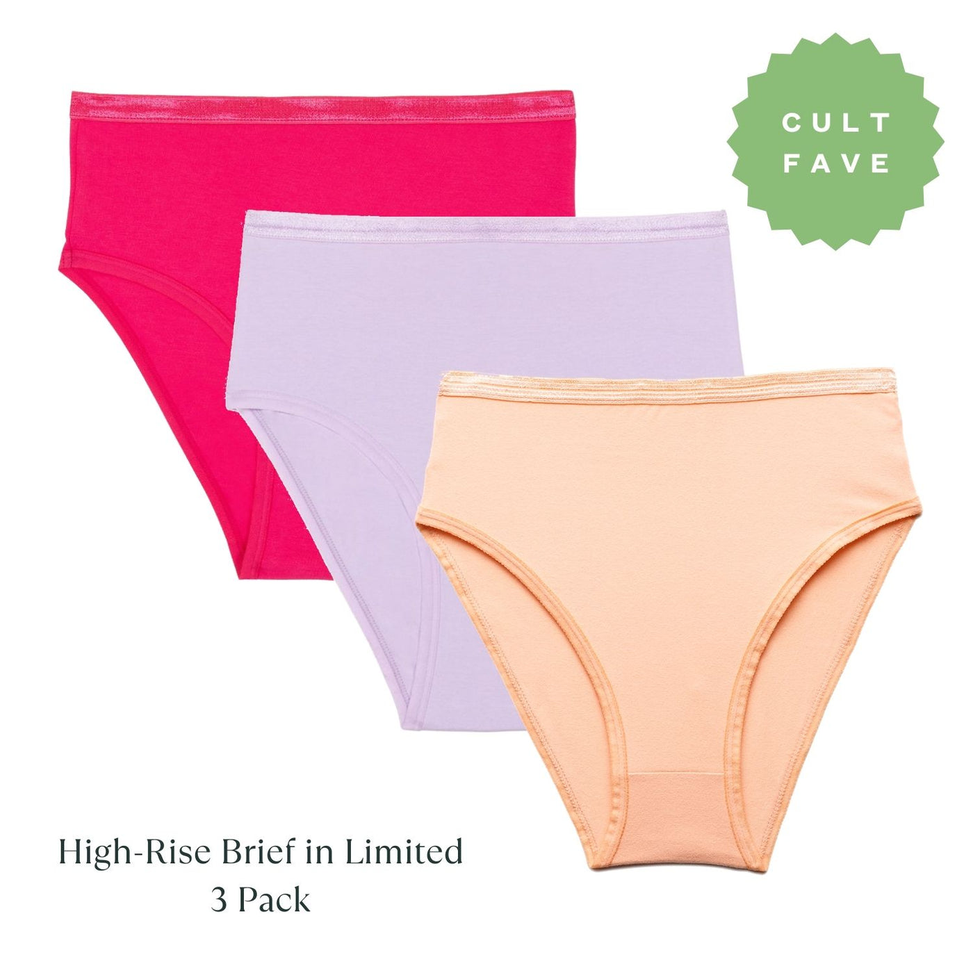 A set of three high-rise briefs in limited colors, including aurora pink, purple, and orange, with the brand label 'Cult Fave'.