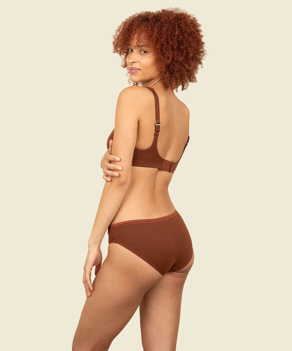 Subset organic cotton low rise brief and keyhole soft bra in cacao brown color.